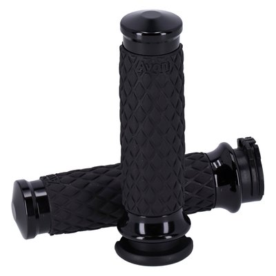 Black anodized end caps and collars. 
For 1" diameter handlebars. Length 11.7cm. Includes throttle sleeve. Similar to the Avon air cushioned grips, the Air-SS incorporates a system of air pockets inside the grip to dampen vibration, but Air-SS grip does not have any surface bumps but a consistent surface diameter. Complete with an grip-enhancing knurled 'Diamond' texture with 6061 billet aluminum end caps and collars. 