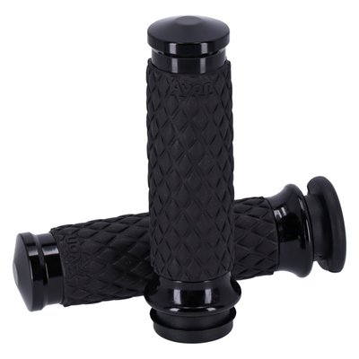 Black anodized end caps and collars. 
For 1" diameter handlebars. Length 11.7cm. Includes throttle sleeve. Similar to the Avon air cushioned grips, the Air-SS incorporates a system of air pockets inside the grip to dampen vibration, but Air-SS grip does not have any surface bumps but a consistent surface diameter. Complete with an grip-enhancing knurled 'Diamond' texture with 6061 billet aluminum end caps and collars. 
Dimensions: Inside length = 4.600" OD = 1.500"