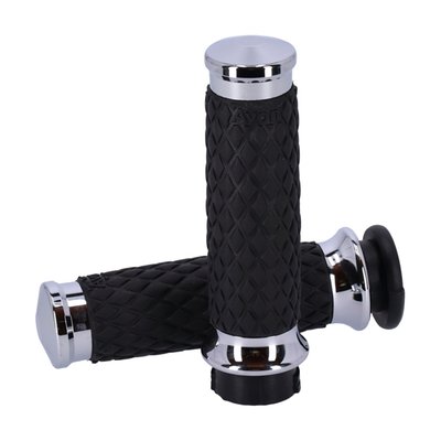 Chrome plated end caps and collars. 
For 1" diameter handlebars. Length 11.7cm. Includes throttle sleeve. Similar to the Avon air cushioned grips, the Air-SS incorporates a system of air pockets inside the grip to dampen vibration, but Air-SS grip does not have any surface bumps but a consistent surface diameter. Complete with an grip-enhancing knurled 'Diamond' texture with 6061 billet aluminum end caps and collars. 