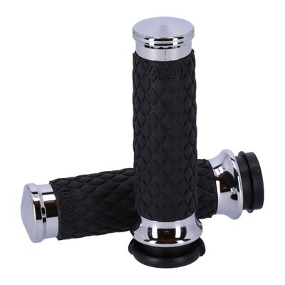 Chrome plated end caps and collars. 
For 1" diameter handlebars. Length 11.7cm. Includes throttle sleeve. Similar to the Avon air cushioned grips, the Air-SS incorporates a system of air pockets inside the grip to dampen vibration, but Air-SS grip does not have any surface bumps but a consistent surface diameter. Complete with an grip-enhancing knurled 'Diamond' texture with 6061 billet aluminum end caps and collars. 