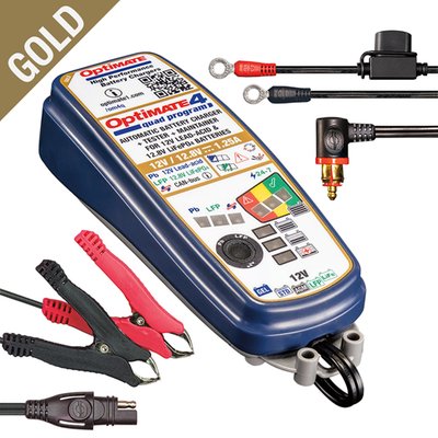 9 step 12V / 12.8V 1.25A sealed battery saving charger & maintainer for AGM, GEL & STD 12V batteries from 4 – 60Ah & Lithium (LiFePO4) 12.8/13.2V batteries from 2 – 15Ah. OptiMate 4 Quad Program tests before & after charging and can recover a ‘dead-flat’ lead-acid & lithium (LiFePO4) battery from as low as 0.5 Volts. 
- Selectable, 4 charge programs: 	1).12V Smart desulphation: 0.5V - 14.4V. 
	2). BMW CAN-bus compatible: 5V - 14.4V. 
	3). 12.8V Low Volt Recovery: 0.5V - 14.4V. 
	4). BMW CAN-bus compatible: 8.8V - 14.4V. 
- Charging Amps: 1.25A (constant current) 
- Indoor / Outdoor (lowest temperature: -40°F / -40°C) 
- Save: Low Volt Start of 0.5V + 2-step* desulphation recovery (*1-step low volt pulse save during CAN-bus mode)
- For 4 x Lead Acid, AGM & GEL 12V batteries from 3 to 50Ah 
- Input: Global (100-240V 50-60Hz), high efficiency (CEC listed) 
- Weatherproof case with wall mounts 
- Incl. 6ft. / 180cm AC supply lead and 6ft. / 180cm charge lead ending in SAE connector. Weatherproof battery lead, battery clip set & hanging hook 
- No risk of overcharging 
- Sparks suppressed 
- Safe for vehicle electronics 
- Safe for long-term battery maintenance 
- Automatic shut-down if short-circuited or battery disconnected. 