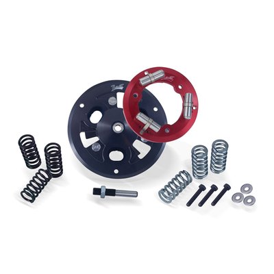 Compatible with cable operated clutch models only.
Adjustable lock-up one-piece billet aluminum pressure plate. It has 3 pressure arms, the more RPM the harder the clutch bites. Works with 3 clutch springs.
- Progressive pressure as RPM’s increase, right there where it counts
- One-piece, no-flex billet aluminum pressure plate
- Hard anodized for optimal durability
- With 2 spring sets (harder/softer) for optimal tuning
- Fits under stock primary cover
- Compatible with stock or high performance clutch plates
- Easy bolt-on installation