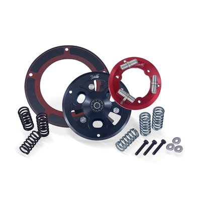 Compatible with hydraulic clutch operated models only.
Adjustable lock-up one-piece billet aluminum pressure plate. It has 3 pressure arms, the more RPM the harder the clutch bites. Works with 3 clutch springs.
- Progressive pressure as RPM’s increase, right there where it counts
- One-piece, no-flex billet aluminum pressure plate
- Hard anodized for optimal durability
- With 2 spring sets (harder/softer) for optimal tuning
- Fits under stock primary cover
- Compatible with stock or high performance clutch plates
- Easy bolt-on installation