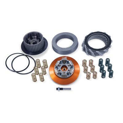 Kit includes a steel clutch hub, steel & friction clutch plates combined with an adjustable lock-up one-piece billet aluminum pressure plate. It has 3 pressure arms, the more RPM the harder the clutch bites. Works with 3 coil style springs. Greatly increases clutch capacity. Provides smoother shifting and offers multiple spring pressure options. Ideal for stock to highly modified applications. Includes steel hub, billet pressure plate, clutch plates and 3 different coil springs sets (light, medium, heavy).
- Progressive pressure as RPM’s increase, right there where it counts
- One-piece, no-flex billet aluminum pressure plate
- Hard anodized for optimal durability
- With 3 spring sets (light, medium, heavy) for optimal tuning
- Fits under stock primary cover
- Complete with clutch plates, steel steel drive plates and high performance friction plates
- Easy bolt-in installation.
Note: Derby cover spacer MCS 939319 is required on OEM narrow primary cover. The spacer plate is NOT required when using the Barnett derby cover 923387 (chrome), 923383 (black).