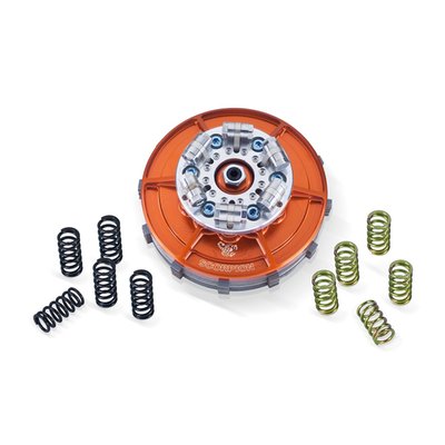 Kit includes a steel clutch hub, steel & friction clutch plates combined with an adjustable lock-up one-piece billet aluminum pressure plate. It has 3 pressure arms, the more RPM the harder the clutch bites. Works with 3 coil style springs. Greatly increases clutch capacity. Provides smoother shifting and offers multiple spring pressure options. Ideal for stock to highly modified applications. Includes steel hub, billet pressure plate, clutch plates and 3 different coil springs sets (light, medium, heavy).
- Progressive pressure as RPM’s increase, right there where it counts
- One-piece, no-flex billet aluminum pressure plate
- Hard anodized for optimal durability
- With 3 spring sets (light, medium, heavy) for optimal tuning
- Fits under stock primary cover
- Complete with clutch plates, steel steel drive plates and high performance friction plates
- Easy bolt-in installation