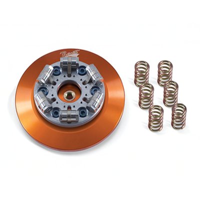 Kit includes a steel clutch hub, steel & friction clutch plates combined with an adjustable lock-up one-piece billet aluminum pressure plate. It has 3 pressure arms, the more RPM the harder the clutch bites. Works with 3 coil style springs. Greatly increases clutch capacity. Provides smoother shifting and offers multiple spring pressure options. Ideal for stock to highly modified applications. Includes steel hub, billet pressure plate, clutch plates and 3 different coil springs sets (light, medium, heavy).
- Progressive pressure as RPM’s increase, right there where it counts
- One-piece, no-flex billet aluminum pressure plate
- Hard anodized for optimal durability
- With 3 spring sets (light, medium, heavy) for optimal tuning
- Fits under stock primary cover
- Complete with clutch plates, steel steel drive plates and high performance friction plates
- Easy bolt-in installation
Note: Derby cover spacer MCS 939319 is required. The spacer plate is NOT required when using the Barnett derby cover 923387 (chrome), 923383 (black).