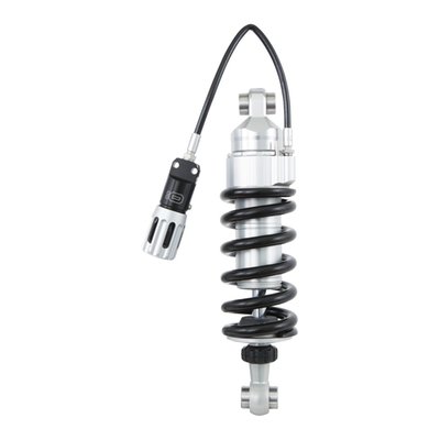 - Black spring
- Clear body
- 46mm diameter piston
- S: Single tube
- D: Monotube high pressure gas type of shock absorber with internal reservoir in the main body
- R1: Adjustable rebound damping. Adjuster wheel above the end eye
- S: Hose mounted hydraulic spring preload adjuster
- Length: 320.5 mm
- Stroke: 43.5 mm
- Spring 21102-36
- Rate N/mm: 105 N/mm
Öhlins STX46 Custom & Heritage rear shock absorber offers a classic timeless look with advanced technology. The STX46 is a monotube high pressure gas type shock absorber 46mm piston diameter with a internal reservoir. Complete with installation instructions.S5