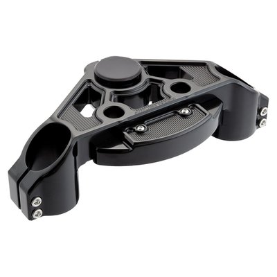 Bolt-on 2" (51mm) drop top triple tree, allow you to add aftermarket risers or T-bar handlebars to your Road Glide. It adds an additional 2" of height to the front end but factory geometry is retained for handling. Machined from a massive billet block of 6061 aluminum for and cut for great looks in combination with a very strong and lightweight top tree The innovative ignition switch cover design allows you to decide whether to keep the factory ignition switch location or relocate for a full custom look. Comes complete with billet fork nut cover and mounting hardware. 
Note: 599450 Ness Method ignition switch cover kit is recommended (sold separately) when keeping factory ignition switch location and factory fork lock function.  Be sure to check out 599416 Ness Method aluminum 10" riser kit for a perfect style and lightweight match. 