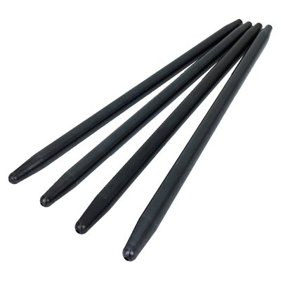 For OEM, SE, Feuling and other camshafts with stock base circles, using stock style full travel lifters. 0.040" shorter to compensate for decked heads and/or thinner head gaskets. 

Fixed Length one-piece, which makes them stronger than adjustable pushrods. Made of 4130 chrome moly with swedged formed ends. Heavy duty 7/16 diameter tube with 0.165" wall thickness, precision concentricity, heat treated with a black oxide finish. Designed to eliminate pushrod flex, reduce valve-train harmonics and increase valve lift. Quick install pushrods are easier to use, however they cannot compare to a solid pushrod for strength and durability. 
Note: Since these pushrods fixed lengths they cannot be adjusted for other cams / engine set-ups than what they are designed for. 
