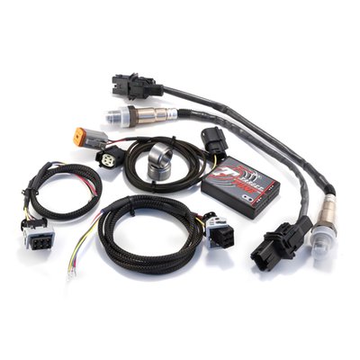 Used to run a Power Vision module as a true wide band closed loop set-up. You can set air/fuel ratios and the Target Tune, with the included wide band sensors, will automatically real-time adjust to the circumstances (altitude, weather, riding style etc.) that your bike encounters but also hold onto your pre-determent air/fuel ratios that you've programmed in the fuel map. 
It uses the existing closed loop, adaptive fuel control strategy in your Delphi ECM, but with changes made to the calibration to allow your ECM to use wideband sensors with a much wider AFR (10:1 to 18:1) than the stock limited narrow band sensors.
Target Tune Full Kit comes complete everything needed for installation, it includes the Target Tune module with 2 Bosch wideband AFR / Lambda sensors and appropriate wiring harness cables with stock connectors. 
In order for the system to work, you must have a calibration flashed to your bike with the various edits required to make it work. At this time only a Certified Power Vision Tuning Center, or a Dynojet technical representative can make those edits. 
- Closed loop fuel control 
- Real time calibration 
- Automatically keeps your air/fuel ratio at your optimal settings 
- Target Tune can subtract 30%, and add 40% fuel to a tune 
- Works with OEM ECU/ECM in combination with Power Vision 
- Works with WinPV software (free for download at Dynojet) 
- All the regular tuning parameters that are exposed to you in WinPV are available 
- Enables Autotune 

**Dynojet product not available to purchase by Dealers located in the UK**