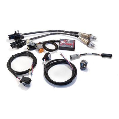Used to run a Power Vision module as a true wide band closed loop set-up. You can set air/fuel ratios and the Target Tune, with the included wide band sensors, will automatically real-time adjust to the circumstances (altitude, weather, riding style etc.) that your bike encounters but also hold onto your pre-determent air/fuel ratios that you've programmed in the fuel map. 
It uses the existing closed loop, adaptive fuel control strategy in your Delphi ECM, but with changes made to the calibration to allow your ECM to use wideband sensors with a much wider AFR (10:1 to 18:1) than the stock limited narrow band sensors.
Target Tune Full Kit comes complete everything needed for installation, it includes the Target Tune module with 2 Bosch wideband AFR / Lambda sensors and appropriate wiring harness cables with stock connectors. 
In order for the system to work, you must have a calibration flashed to your bike with the various edits required to make it work. At this time only a Certified Power Vision Tuning Center, or a Dynojet technical representative can make those edits. 
- Closed loop fuel control 
- Real time calibration 
- Automatically keeps your air/fuel ratio at your optimal settings 
- Target Tune can subtract 30%, and add 40% fuel to a tune 
- Works with OEM ECU/ECM in combination with Power Vision 
- Works with WinPV software (free for download at Dynojet) 
- All the regular tuning parameters that are exposed to you in WinPV are available 
- Enables Autotune 
- Does not interfere with dealer diagnostic or service tools 
- Includes OEM-style connectors for simple installation into factory O2 harness 

**Dynojet product not available to purchase by Dealers located in the UK**