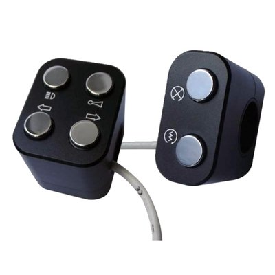 Fits 1" (25.4mm) and 22mm handlebars. Black anodized CNC machined left & right side aluminum switch housings with installed momentary style push button switches. Switches include button caps in chrome, red, green and gray. 
Left side dimensions: 40mm wide x 50mm high x 50mm deep. 
Right side dimensions: 26mm wide x 50mm high x 50mm deep.  