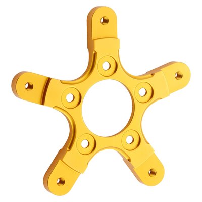 Gold anodized. For the Arlen Ness cartridge style wheel hubs. This adapter allows installation of 'open center' spoke mount style brake rotors, like used on 14-up Touring, on to Arlen Ness wheels with cartridge style hub. Manufactured from forged aluminum and CNC precision machined. Complete with hub mounting hardware. 

Note: Will not fit Ness Drift or Flare 5 wheels.