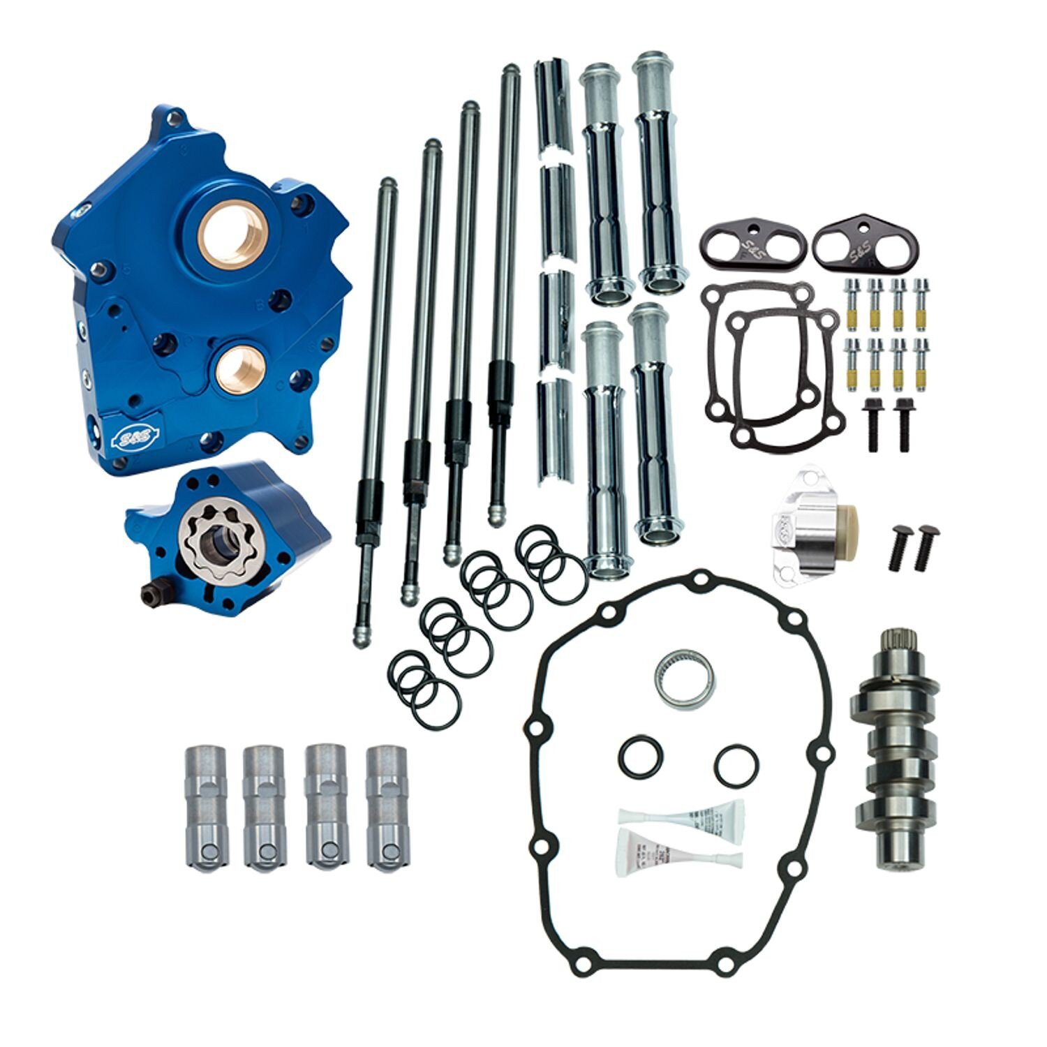 S&S, cam chest kit M8 - Chain drive, water cooled. Chrome PC, Blue