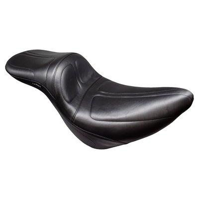Rider seat 14.5" wide, with 6.75" of back support. Passenger seat 12" wide. Maverick stitch pattern. This seat is a comfort based design which still retains a low and sporty profile. This 'Daddy Long Legs' version comes with the seating area is positioned 2 inches further backward to accommodate the longer legs of taller riders. Built with LePera's high-density marathon foam filling on a 16-gauge black powder coated steel base plate. 