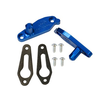 Improved version and direct replacement the OEM 62700089 (front) and 62700117 (rear) oiler jets.
- Machined from Billet Aluminum 6061-T6
- Revised spray locations for more effective cooling
- Dual jets for uniform piston cooling
- Shorter than OEM for greater rod clearance
- Includes gaskets and hardware
- Equivalent oil flow to stock
- Replacement reference 62700089 and 62700117 oiler jets