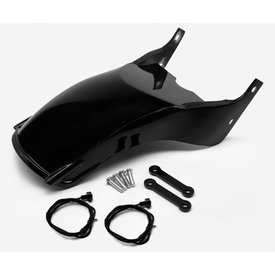 Without side struts, not suitable for carrying a passenger.
The 'Rodstr' rear fender really opens up that rear end. To keep your new found cool all lighting components, taillight, brake light and running lights are integrated into the fender. The two small, but super bright, LED light units are CE marked. A seat pan is included for those who want to fabricate their own seat. If you feel no need to take the custom seat fabrication route, a special Killer Custom custom seat, with upholstery, is separately available as 921591 or 921592. This fender will also take a stock FXBB seat. Made of hand-laid unpainted black gel coated fiberglass that is very stiff, strong, straight and light. Includes installation hardware and instructions.
Note: Comes without special metal side struts, so not suitable for carrying a passenger.
Note: All parts require fitment checks before painting and final assembly.
Note: A Killer Custom seat with upholstery is separately available as 921591 or 921592.
Note: Seat pan foam only, without upholstery, is available as 921594.
Note: For that true Killer look, using a lowering kit, available from Killer Custom as 587888 is recommended, it offers 20mm or 30mm lowering.