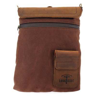 Strong canvas material, finished with genuine aged ranger leather. Great all-round bag with a quick access pouch, front zippered access and top zippered access which is covered by a hook and loop fastened flap. Equipped with magnets and a non-scratch surface allowing it to be used as a tank bag on most bikes with steel fuel tanks. Includes a shoulder strap, so after the ride, easy to take it with you.
Dimensions: 18cm x 24cm x 4cm. Volume approx. 1.7 liter.