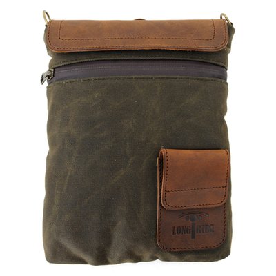 Strong canvas material, finished with genuine aged ranger leather. Great all-round bag with a quick access pouch, front zippered access and top zippered access which is covered by a hook and loop fastened flap. Equipped with magnets and a non-scratch surface allowing it to be used as a tank bag on most bikes with steel fuel tanks. Includes a shoulder strap, so after the ride, easy to take it with you.
Dimensions: 18cm x 24cm x 4cm. Volume approx. 1.7 liter.