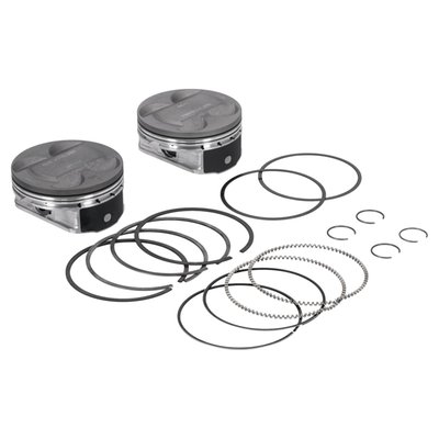 Forged Super Duty series for the Milwaukee Eight engine. With hard anodized crown and top ring groove to reflect heat and prevent ring to groove 'micro-welding'. The Line2Line abradable self-lubricating powder coating technique allows zero tolerance installation, final tolerance will be 0.003". The piston creates its own perfect tolerance during run-in, the coating automatically gives the tightest possible & perfect piston to cylinder fit for no piston rock and best possible ring seal. 
Note: Fits 107" M8 engines. Works with stock 4.375" stroke and stock unmodified heads. Aftermarket 4.25" bore cylinders are required. 
- 11.4:1 CR 
- Piston weight: OEM 
- Engine displacement: 124" 
- Bore: 4.25" 
- Stroke: 4.375" (stock 107" engine) 
- Ring pack: 1.5mm, 1.5mm, 3.0mm 
- Top land: .230 
- Pin number: .9270x2.250x.180-SCR415H 
- Pin type: Floating 
- Pin diameter: .927" 
- Compression height: 1.155" 
- Crown Type: Dome 
- Crown (cc): -2cc 
- Alloy: Forged 4032 Alloy 