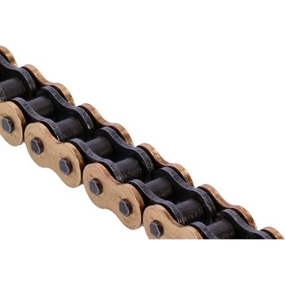 For under 150HP applications.
Gold colored chain.
Comes with hollow rivet link for easy installation with industry standard tools.
The X-ring is a very thin 'O-ring' with an X shape which offers a drag reduction on rollers and side plates.
Reduction in drag is such that efficiency is almost increased to the same level as a regular roller chain, with the longevity of a regular O-ring.
This is the quality Tsubaki chain which combines superior strength and performance with the longevity well known to O-ring type chains.
Average tensile strength 45.1 kN.
- Gold colored link plates
- Low friction 'X-ring' seal ring
- For under 150 HP bikes.
Note: These chains come with a pin link (rivet style) master link. A clip style connecting link (997333 RQ2) must be ordered separately if desired.