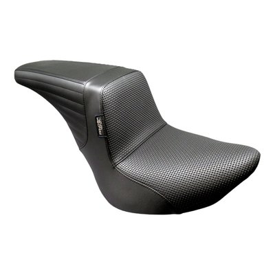 10" rider seat area width. With Basket Weave stitch pattern. 
The 'Up-Front' Kickflip moves the rider 2-1/2" closer to the handlebars, when compared with the standard riding position. A definite advantage for shorter riders. The KickFlip features a fast and aggressive profile and stance. The 7" high arching back support will provide a secure in-bike feel for extreme riding, combined with excellent back support on long stretches. Built with LePera’s high density Marathon Foam on a black powder coated 16-gauge steel base plate a for maximum stability and comfort. Handcrafted with an iconic attention to detail. Perfect! 