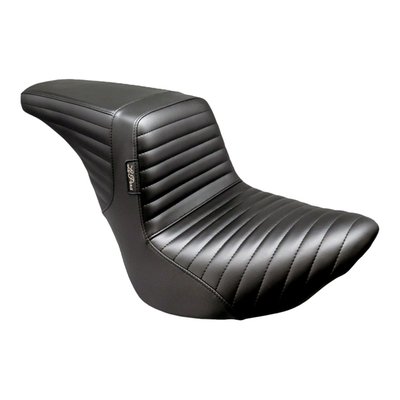 10" rider seat area width. With Pleated stitch pattern. 
The 'Up-Front' Kickflip moves the rider 2-1/2" closer to the handlebars, when compared with the standard riding position. A definite advantage for shorter riders. The KickFlip features a fast and aggressive profile and stance. The 7" high arching back support will provide a secure in-bike feel for extreme riding, combined with excellent back support on long stretches. Built with LePera’s high density Marathon Foam on a black powder coated 16-gauge steel base plate a for maximum stability and comfort. Handcrafted with an iconic attention to detail. Perfect! 