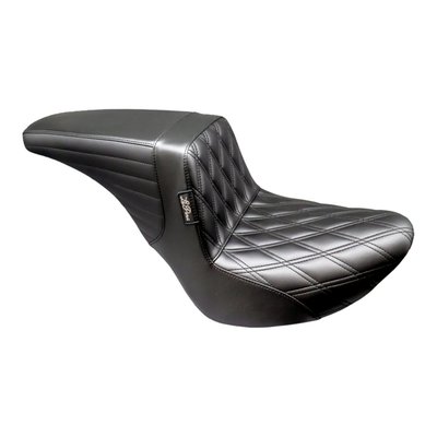 10" rider seat area width. With Double Diamond stitch pattern. 
The 'Up-Front' Kickflip moves the rider 2-1/2" closer to the handlebars, when compared with the standard riding position. A definite advantage for shorter riders. The KickFlip features a fast and aggressive profile and stance. The 7" high arching back support will provide a secure in-bike feel for extreme riding, combined with excellent back support on long stretches. Built with LePera’s high density Marathon Foam on a black powder coated 16-gauge steel base plate a for maximum stability and comfort. Handcrafted with an iconic attention to detail. Perfect! 
