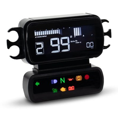 100% plug & Play high end custom replacement for the stock Street Bob speedo/tachometer. Features 8 color interchangeable LCD display. The instrument comes with a a series of programmable options.
- Speedometer range (digits): 0-199 km (0-124 miles), displays per 1 kmh (mph)
- Display delay : < 0.5 seconds
- Internal and external odometer: 0 to 999.999 km (miles), displays per 0.1 km (mile)
- Trip meter A/B: 0 to 9999.9 km (mile) with auto reset after 9999.9 km
- Tire circumference adjustment: 50 to 210%, sets per per 1%
- Tachometer: 0 - 10.000 RPM
- Backlight colors: White, Red, Orange, Yellow, Blue, Light Blue, Purple, Green
- Maintenance intervals: Off, 500 - 16.000 km (300 - 10.000 miles). Sets per 100km (miles)
- Indicator lights: Right turn signal (Green), left turn signal (green), security (Red), ABS (Amber), engine oil (Red), neutral (Green), high beam (blue), low fuel (amber), fog light (green), battery (Red), engine light (amber), cruise control light (green/amber), tire pressure warning (amber)
- Shift light: 2.000 to 10.000 RPM adjustable (red/white backlight flashing). Sets per 100RPM
- Engine temperature: -38 to 572°F (-39 to 300°C)
- Clock: 12h / 24h adjustable
- Volt meter: Range 8 - 18V
- Backlight Brightness: 1/5 (darkest) to 5/5 (brightest)
- Tire Pressure: TPMS, FR/RR/LR when TPMS supported. Range HI, 0-73 PSI, 0-506kPa, 0-5.0bar. Displays per 1 PSI, 1 kPa, 0.1 bar
- Fuel gauge: 10 levels
- Voltage: 12V DC
- Works in: -20~85°C
- Storage Temperature: -30-90 °C
- Confirm JIS D 0203 (S2) standard
- Gauge size 88.2 x 67.0 x 35.2 mm
- Gauge Weight: Approx. 70 grams
Note: See 701719 for 12" extension wire, compete with connectors