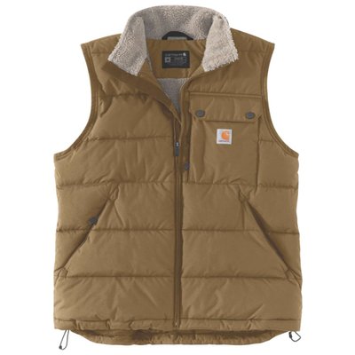 Keep your core warm and dry in this insulated vest of Carhartt when the weather takes a turn. Water repellent and wind resistant, it has a sherpa fleece lining and synthetic down insulation to keep chill winds and light rain or snow at bay. Pockets inside and out offer plenty of storage.
• Loose Fit
• Rain Defender™ - Durable Water repellent finish
• Wind Fighter™ - Wind resistant
• Mock neck
• Sleeveless
• Dual entry, secure chest pocket with snap closure and zipper side entry
• Two lower front pockets with zipper closure
• Large interior utility pocket
• Full-length front zipper with interior storm flap and chin protector
• Drop-tail hem for added coverage with adjustable draw cord
• Carhartt label sewn on pocket
• Woven
• 4.5 oz/yd² - 153 gsm
• DWR Nylon With Silicone Coating
• Sherpa-lined front and back from wearer's waist up and quilted lining insulated from the waist down
• 100% Nylon