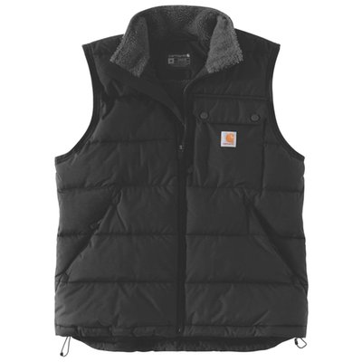 Keep your core warm and dry in this insulated vest of Carhartt when the weather takes a turn. Water repellent and wind resistant, it has a sherpa fleece lining and synthetic down insulation to keep chill winds and light rain or snow at bay. Pockets inside and out offer plenty of storage.

• Loose Fit
• Rain Defender™ - Durable Water repellent finish
• Wind Fighter™ - Wind resistant
• Mock neck
• Sleeveless
• Dual entry, secure chest pocket with snap closure and zipper side entry
• Two lower front pockets with zipper closure
• Large interior utility pocket
• Full-length front zipper with interior storm flap and chin protector
• Drop-tail hem for added coverage with adjustable draw cord
• Carhartt label sewn on pocket
• Woven
• 4.5 oz/yd² - 153 gsm
• DWR Nylon With Silicone Coating
• Sherpa-lined front and back from wearer's waist up and quilted lining insulated from the waist down
• 100% Nylon