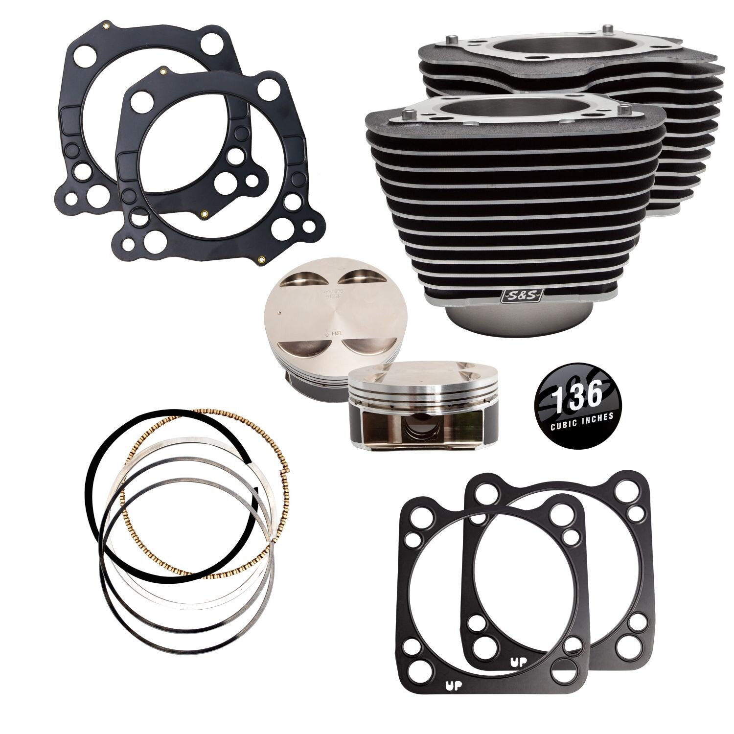 S&S, M8 136" big bore cylinder & piston kit. Clear fins, Black, Wrinkle