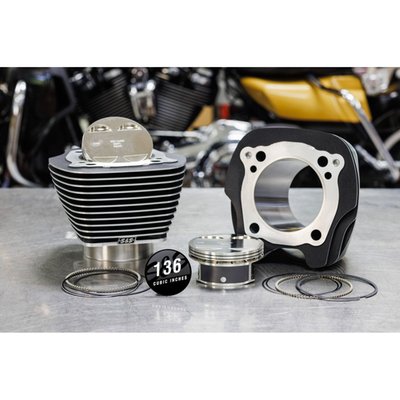 2222cc kit. Black powder coated wrinkle finish cylinders with clear (highlighted) fins. Kit includes a forged 4.320" big bore piston kit, black wrinkle 4.320" big bore cylinders, 2 multi-Layer-Steel .030" head gaskets, 2 cylinder base gaskets, 4 cylinder dowels, 2 exhaust gaskets and a S&S cubic inch cam cover batch. Works with stock crankcases, case boring is not required. 4-5/8" stroker flywheels are required, these must be purchased separately as 923270 or 923271. 

Note: S&S measured 150.5HP and 147.5TQ with a 590 cam, CNC heads, Big Bore throttle body and a high flow Stealth air cleaner kit.
Note: Fully assembled 4-5/8" stroke stroker flywheel assemblies are required for installation of this big bore kit. Available as 923270 (with balancer gear installed) or 923271 (without balancer gear). Both come with full width wrist pin connecting rods, which is required for S&S pistons. 
Note: S&S 576972 extra strong head bolt kit or similar must be purchased separately. 
Note: Tuning of fuel injection and ignition is required. 
Note: S&S does not advise this kit for use on any Tri-Glide or other three wheelers, including conversions, due to the lugging nature of these bikes.