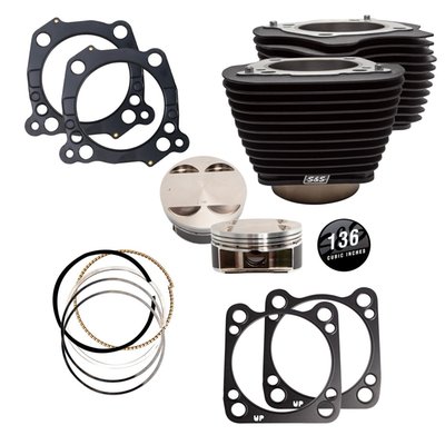 2222cc kit. Black powder coated wrinkle finish cylinders with black (non-highlighted) fins. Kit includes a forged 4.320" big bore piston kit, black wrinkle 4.320" big bore cylinders, 2 multi-Layer-Steel .030" head gaskets, 2 cylinder base gaskets, 4 cylinder dowels, 2 exhaust gaskets and an S&S cubic inch cam cover batch. Works with stock crankcases, case boring is not required. 4-5/8" stroker flywheels are required, these must be purchased separately as 923270 or 923271. 

Note: S&S measured 150.5HP and 147.5TQ with a 590 cam, CNC heads, Big Bore throttle body and a high flow Stealth air cleaner kit.
Note: Fully assembled 4-5/8" stroke stroker flywheel assemblies are required for installation of this big bore kit. Available as 923270 (with balancer gear installed) or 923271 (without balancer gear). Both come with full width wrist pin connecting rods, which is required for S&S pistons. 
Note: S&S 576972 extra strong head bolt kit or similar must be purchased separately. 
Note: Tuning of fuel injection and ignition is required. 
Note: S&S does not advise this kit for use on any Tri-Glide or other three wheelers, including conversions, due to the lugging nature of these bikes.
