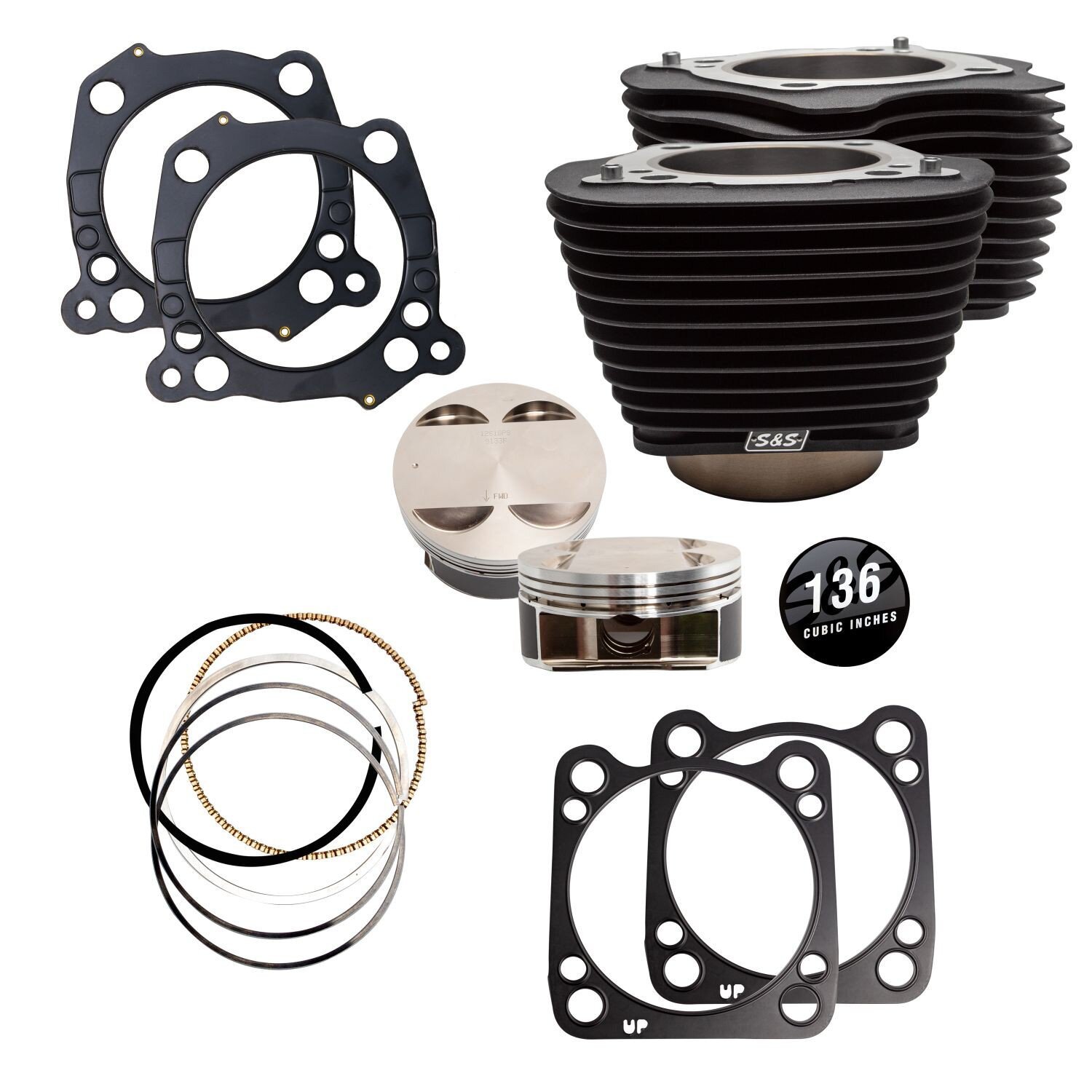 S&S, M8 136" big bore cylinder & piston kit. Black fins, Wrinkle