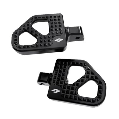 Machined from solid billet aluminum with a black anodized finish. Max Lean rider and passenger floorboards are lightweight, sturdy and offer style and comfort. The installation angle is adjustable (rotates around its axis) for a perfect foot hold to easily conquer a larger distance. 
Note: With the optional 994430 Kraus peg adapter further 360° adjustments 1" (2.5cm) can be made either up/down/forward and backwards. 