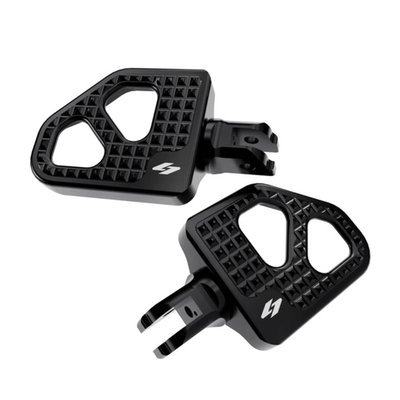 Machined from solid billet aluminum with a black anodized finish. Max Lean rider and passenger floorboards are lightweight, sturdy and offer style and comfort. The installation angle is adjustable (rotates around its axis) for a perfect foot hold to easily conquer a larger distance. 
Note: With the optional 994430 Kraus peg adapter further 360° adjustments 1" (2.5cm) can be made either up/down/forward and backwards. 