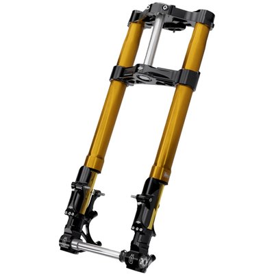 Black KR8 front end kit with Öhlins gold anodized forks. 
Front end upgrade for Baggers, designed specifically for performance upgrades to any level. Kit comes complete with Öhlins inverted front forks for superior handling and ride quality. Forks offer adjustable spring preload, compression, rebound damping. The Kraus KR8 Component Kit comes with upper & lower triple trees, fork stem, a 25mm wheel axle, Kraus radial brake mounts and fork guards to protect the fork sliders/seals from road debris. The result of this partnership between Kraus Moto and Öhlins racing technology, ensures you of a top-of-the-line front end and a perfect set-up for any standard to serious performance bagger. 
This kit is a bolt-on installation with all required installation hardware to run factory/stock wheels*, brakes* and bodywork. 
- Length 800 mm 
- Stroke 120 mm 
- Top clamp diameter 50mm 
- Lower clamp diameter 54mm 
- Wheel axle diameter 25mm 
- Fork stem diameter 30mm 
- Fully adjustable preload, compression & rebound. 
Note: Please contact Motorcycle Storehouse Tech when ordering this fork. Tech Support can advise you on correct spring set-up for a specific rider weight and, if required, mods for Bagger Racing applications. 
Note: The KR8 Front End Component Kit comes with a 25mm axle. If your bike has a 1"(25.4mm) wheel axle you will need to convert the wheel bearings to 25mm. 
Note*: Compatible with 108mm radial brake fitment only. 
Note: For compatible Kraus radial brake calipers see 706032 (left) and 706033 (right) RT3 caliper or 706034 (left) and 706035 (right) Kraus RTX8 road legal race calipers. 
Note: Perfectly compatible with the Kraus Isolated Riser system, allowing a customizable riding position for improved ergonomics and even better control of your bike. 
Note: See required 701518 front fender adapter kit for most 24-up H-D Touring models. 