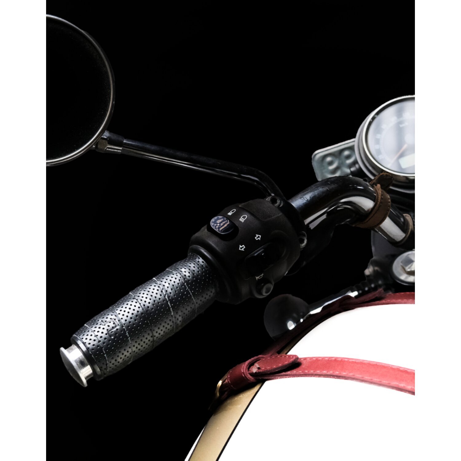Trip Machine, leather handlebar grip wraps. Black perforated
