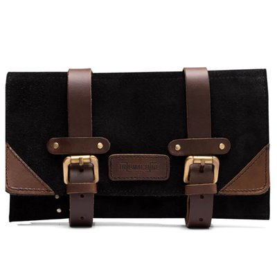 Handmade from genuine heavy duty leather for strength and endurance. Installs to the bike with ease. The special water resistant suede ensures that weather will have little effect on the bag. Here’s what spaces it contains: 6 slots for Allen keys (hex keys), 10 slots for spanners / wrenches, 4 additional slots for pliers/ screw drivers and a zipper pocket for the rest. 
Dimensions closed: 17cm diameter x 27cm long. 
Dimensions open: 43cm high x 27cm wide. 