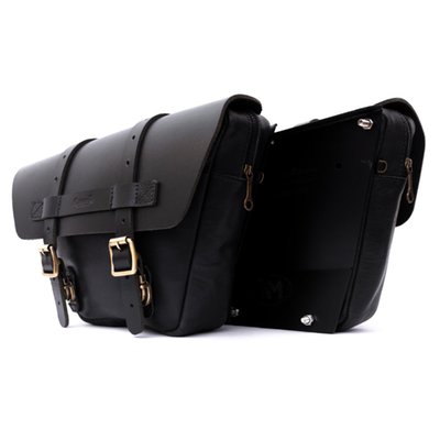 Handcrafted from 100% heavy duty leather and built to last. Originally designed as a panel bag set that replaces the right & left side side panels on Royal Enfield 650 Twin motorcycles, but let nobody tell you you can't install it anywhere else. Small but large enough for some tools and other on-hand applications. Opens with an easy push button system and a unique zip puller also allows the bag to be locked.
Dimensions: 30cm upper width x 15cm lower width x 20cm high x 6.5cm deep.
Capacity: 2.8 liter per bag