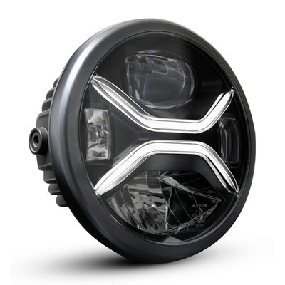 Universal side-mount 181mm (7.1") diameter LED headlamp. Comes with DRL (Daytime Running Lamp), low & high beam, all are white light emitting LEDs. DOT and SAE certified. Lightweight, durable die-cast housing. The LED light design gives a great look and offers excellent illumination. 
- DRL: 4 LED's, 12V, 2.7W, clear outer lens, white inner lens 
- High Beam: 1 x LED Module (10 of 10 LEDs). 12 V, 20.2 W, clear inner & outer lens 
- Low Beam: 1 x LED Module (8 of 10 LEDs). 12 V, 24.9 W, clear inner & outer lens 
- Brightness: Low beam 1889 lumens, high beam 1557.7 lumens 
- E-approved: E24*148R00/03*0167*00 
- Dimensions: 181mm (7.1") diameter x 96mm deep 
- Side mount 