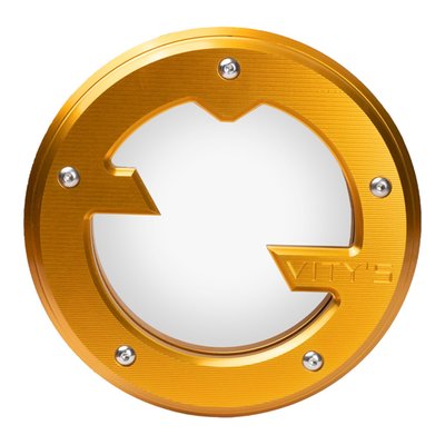 Gold anodized finish.
CNC machined billet aluminum construction. Comes with a polycarbonate (see-through) window, which allows a live view into the working clutch. Fits as a direct upgrade replacement for the stock derby cover. Made with precision manufacturing for a perfect fit and finish. Perfect to style match with other Vity's Design products. Reuse OEM mounting hardware. Gasket/seal not included.
Dimensions: 7.25" diameter.