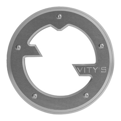 Silver anodized finish.
CNC machined billet aluminum construction. Clutch cover comes with a polycarbonate (see-through) window, which allows a live view into the working clutch. Fits as a direct upgrade replacement for the stock derby cover. Made with precision manufacturing for a perfect fit and finish. Perfect to style match with other Vity's Design products. Reuse OEM mounting hardware. Gasket/seal not included.
Dimensions: 6.4" diameter.