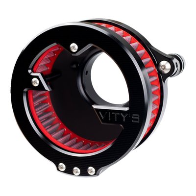 Gloss black anodized finish. 
CNC machined from billet aluminum, with the unmistakable Italian Vity's Design touch. The open air design offers maximum flow. It is closed only by the polycarbonate translucent (see-through) window, which offers a view straight into your intake track. This 'Massive' air cleaner comes with a high-end washable and reusable high flow filter element, which will outflow the stock air cleaner assembly with ease. The 'Massive' offers bolt-on increase in horsepower and torque, even more when other upgrades like high flow mufflers or exhaust system is installed. 