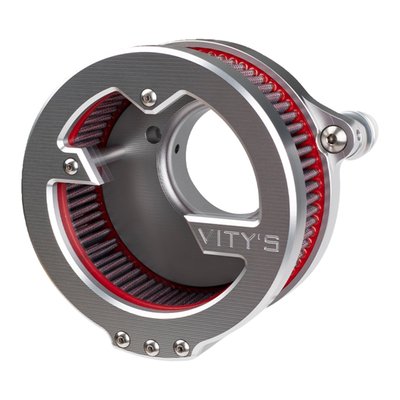 Silver anodized finish. 
CNC machined from billet aluminum, with the unmistakable Italian Vity's Design touch. The open air design offers maximum flow. It is closed only by the polycarbonate translucent (see-through) window, which offers a view straight into your intake track. This 'Massive' air cleaner comes with a high-end washable and reusable high flow filter element, which will outflow the stock air cleaner assembly with ease. The 'Massive' offers bolt-on increase in horsepower and torque, even more when other upgrades like high flow mufflers or exhaust system is installed. 