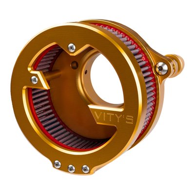 Gold anodized finish. 
CNC machined from billet aluminum, with the unmistakable Italian Vity's Design touch. The open air design offers maximum flow. It is closed only by the polycarbonate translucent (see-through) window, which offers a view straight into your intake track. This 'Massive' air cleaner comes with a high-end washable and reusable high flow filter element, which will outflow the stock air cleaner assembly with ease. The 'Massive' offers bolt-on increase in horsepower and torque, even more when other upgrades like high flow mufflers or exhaust system is installed. 