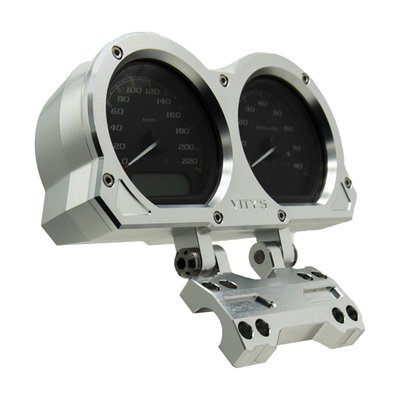 Silver anodized. 
Compatible with Vity's Design adjustable risers only. Used to replace the stock dual plastic instrument holder for high quality CNC machined billet aluminum holder that is a perfect style match with Vity's adjustable risers. The gauge holder offers infinite angle adjustments to optimize your view on the gauges and can be installed above the riser clamp, or when rotating 180°, below the riser clamp. 
Note: Instruments not included, designed to take OEM instruments. 