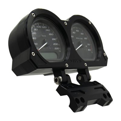 Gloss black anodized. 
Compatible with Vity's Design adjustable risers only. Used to replace the stock dual plastic instrument holder for high quality CNC machined billet aluminum holder that is a perfect style match with Vity's adjustable risers. The gauge holder offers infinite angle adjustments to optimize your view on the gauges and can be installed above the riser clamp, or when rotating 180°, below the riser clamp. 
Note: Instruments not included, designed to take OEM instruments. 