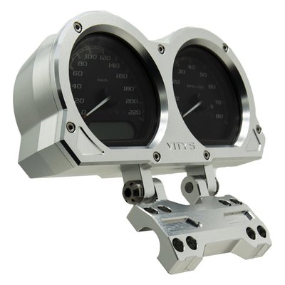Silver anodized. 
Compatible with Vity's Design adjustable risers only. Used to replace the stock dual plastic instrument holder for high quality CNC machined billet aluminum holder that is a perfect style match with Vity's adjustable risers. The gauge holder offers infinite angle adjustments to optimize your view on the gauges and can be installed above the riser clamp, or when rotating 180°, below the riser clamp. 
Note: Instruments not included, designed to take OEM instruments. 